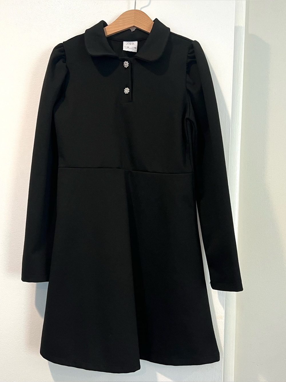Zara Black Long-Sleeve Dress with Peter Pan Collar and Gem Buttons